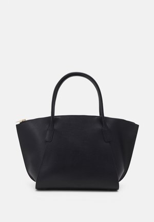 Sort læder tote-taske med to håndtag og en lynlås øverst, vist mod en neutral baggrund.