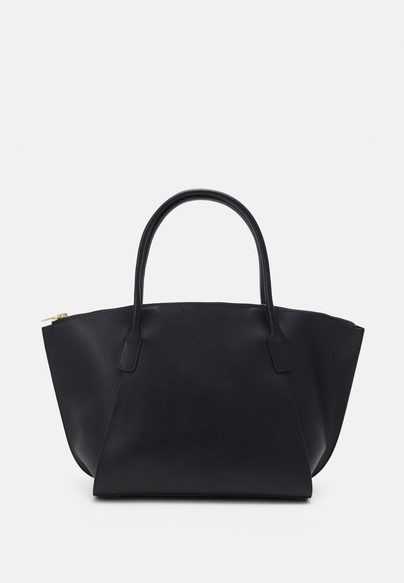 Sac cabas en cuir noir avec deux anses et une fermeture éclair sur le dessus, présenté sur un fond neutre.