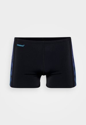 Black swim shorts with a snug fit, featuring a blue accent design on the sides and an embroidered "ENDURANCE+" logo on the front.