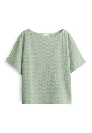Top corto a maniche corte in verde chiaro con un design morbido, tessuto strutturato con un motivo sottile e un ampio scollo arrotondato.