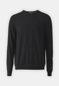 Pull noir à manches longues en tissu tricoté doux. Il présente un col rond ainsi que des poignets et un ourlet côtelés, avec une coupe droite.
