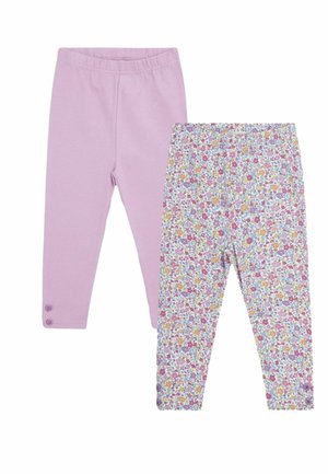 Due coppie di leggings: una di colore lilla uniforme con vita elasticizzata e bottoni decorativi, l'altra con un motivo floreale multicolore.
