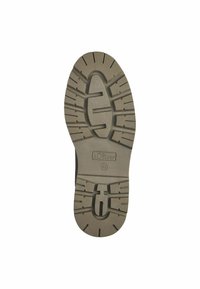 Semelle en caoutchouc d'une chaussure beige avec des profondeurs pour une meilleure traction. Présente le logo "s.Oliver" et la taille "42" embossés.