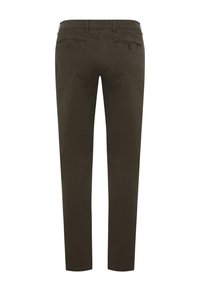 Pantaloni marroni scuri a vestibilità slim, con due tasche posteriori con chiusura a pulsante e un tessuto testurizzato. Design a gamba dritta.