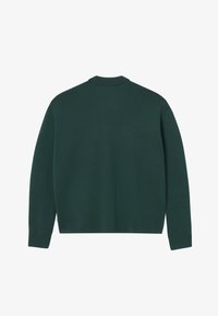 Mørkegrønn langermet strikkegenser med ribbede mansjetter og krage, vist fra baksiden på en enkel hvit bakgrunn.