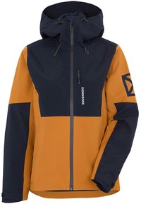 Water-resistant jacket featuring a navy blue and orange color block design, adjustable hood, zippered front, and logo accent on sleeve.
