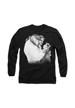 Black long-sleeve shirt featuring a graphic print of two animated characters in grayscale, displaying intricate facial details and expressions.