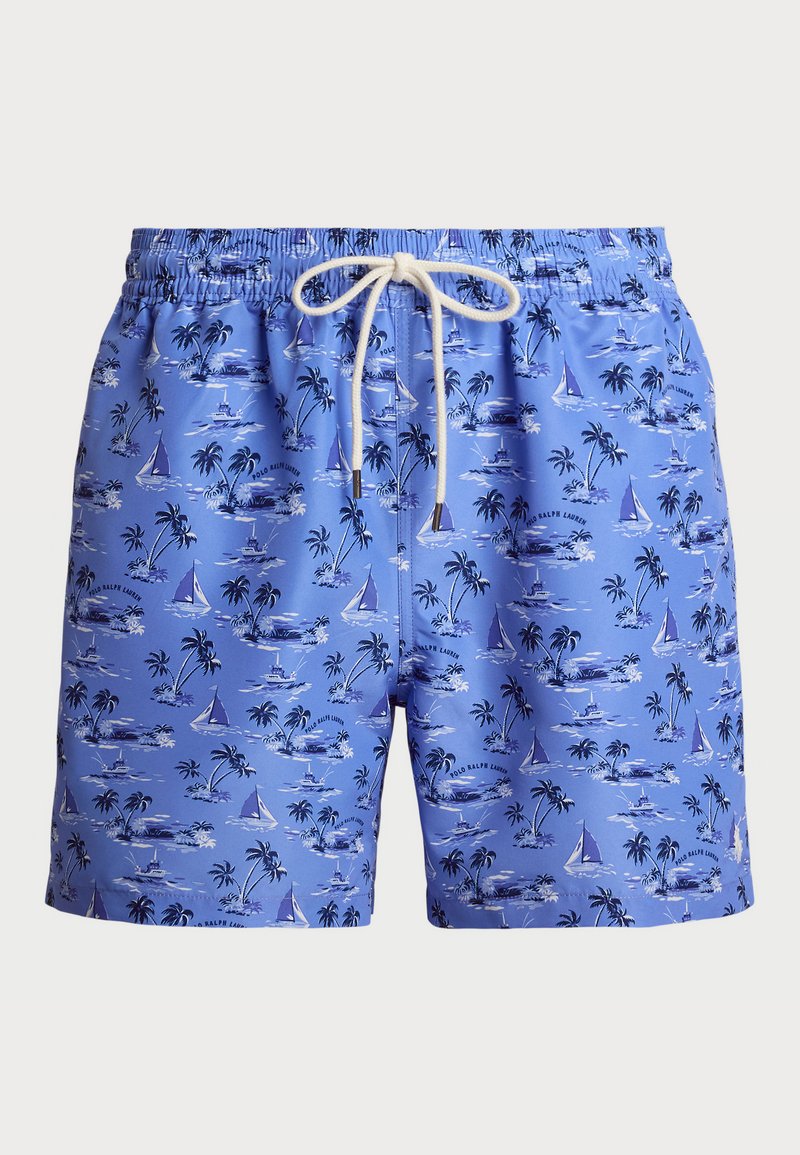 Blaue Schwimmshorts mit einem Muster aus Palmen und Segelbooten, elastischem Bund mit Kordelzug und einem leichten, glatten Stoff.