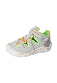 Grau Wildlederschuh mit neongrünen Akzenten, orangenen Schnürsenkeln und verstellbarem Riemen. Verfügt über Ausschnitte, eine strukturierte Sohle und ein gepolstertes Innenleben.