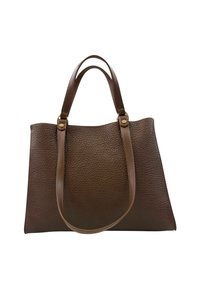 Borsa tote in pelle marrone con texture, dotata di doppio manico e accessori in metallo dorato. Design spazioso con una finitura uniforme e una struttura robusta.