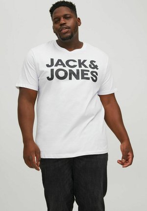 White short-sleeve t-shirt featuring large black text, "JACK & JONES," with a crew neck. Fabric appears smooth, and the fit is relaxed.