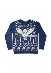 Maglione lavorato a maglia blu navy con design di gufo, testo "HOGWARTS", fiocchi di neve bianchi, candele rosa e motivi geometrici in tutto.