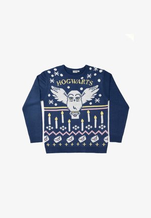 Maglione lavorato a maglia blu navy con design di gufo, testo "HOGWARTS", fiocchi di neve bianchi, candele rosa e motivi geometrici in tutto.