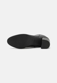 Zapato negro de cuero con tacón, de textura suave, punta redondeada y tacón cuadrado. La suela presenta un diseño con patrón para mayor tracción.