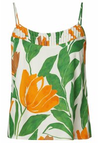 Top de satén con estampado floral de tulipanes naranjas y hojas verdes sobre un fondo blanco; tirantes verdes plisados.