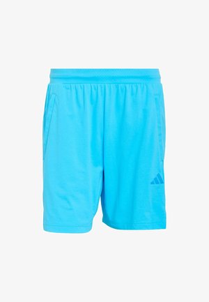 Hellblaue Sportsshorts aus synthetischem Material. Verfügen über einen elastischen Bund, zwei Seitentaschen und ein dezentes Logomuster.