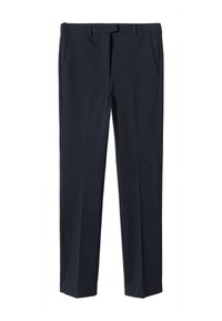 Pantalon marine en tissu lisse, présentant une coupe droite, des poches latérales et un devant plat avec passants pour ceinture.