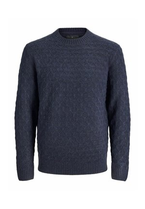 Tumesinine kaeluspleeditud sviiter pikkade varrukatega, soonikkoes kaeluses, mansettides ja alläärtes, esitatud puhtal valgel taustal.