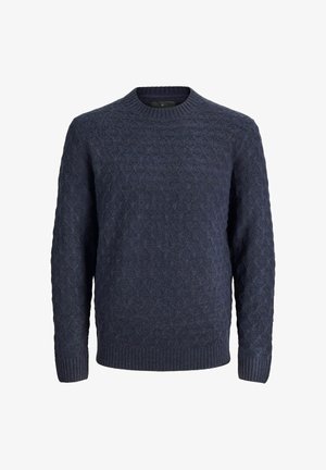 Navy blue cable-knit sweater with long sleeves, ribbed crew neck, cuffs, and hem, displayed on plain white background.