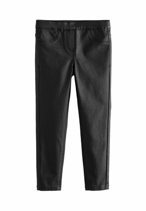 Czarne, dopasowane spodnie z przednimi i tylnymi kieszeniami, elastycznym paskiem w talii oraz przeszyciami wzdłuż boków i szwów.