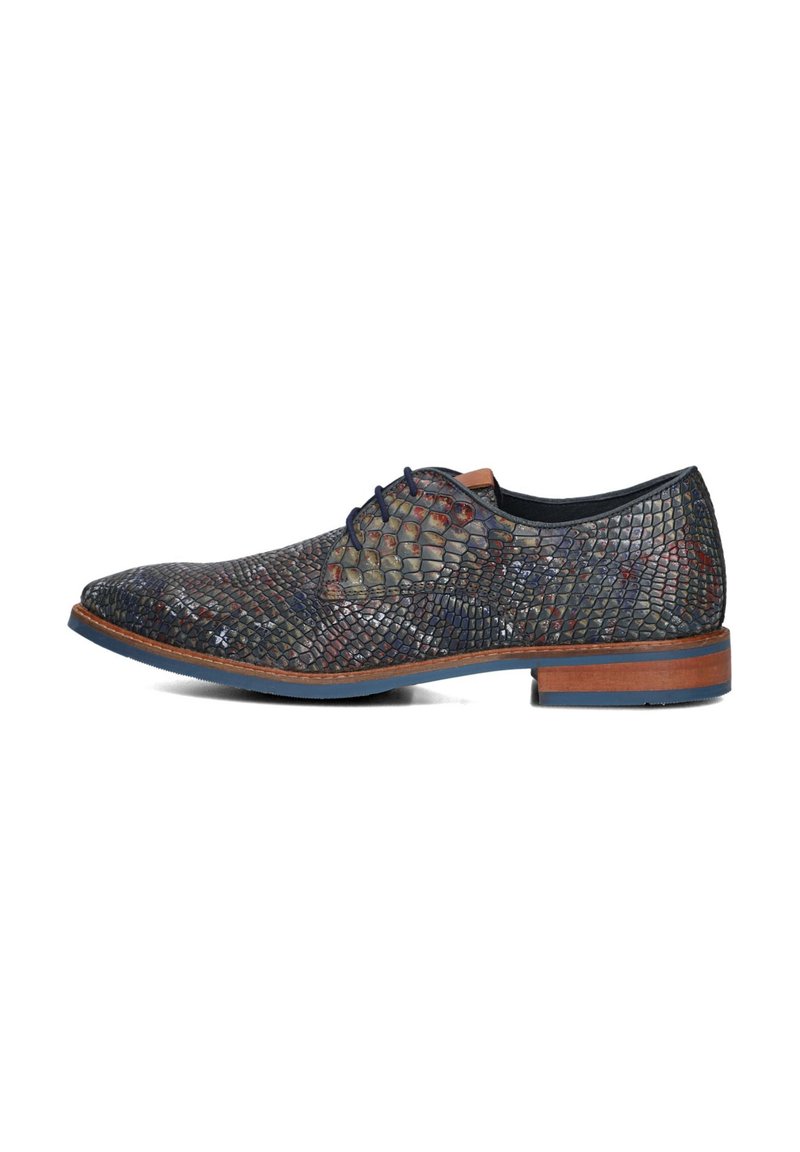 Leren dress shoe in multicoulore schubben, met een ronde teen, dunne veters en een contrasterende bruine tussenzool met een blauwe buitenzool.