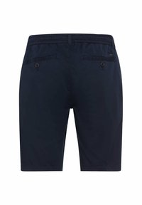 Pantaloni blu navy con una texture liscia, dotati di una cintura elastica e due tasche posteriori con bottoni. Design a gamba dritta.