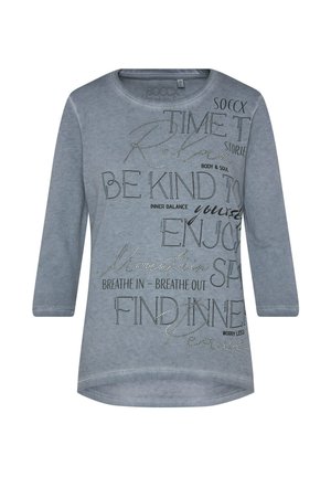 T-shirt grigia a maniche lunghe con collo rotondo, orlo curvo e design testuali in embellimenti neri e argento. Realizzata in tessuto morbido.