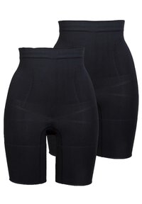 Hoge taille zwarte shapeshorts gemaakt van glad, rekbaar materiaal met een naadloos ontwerp en geprofileerde panelen voor ondersteuning en comfort.