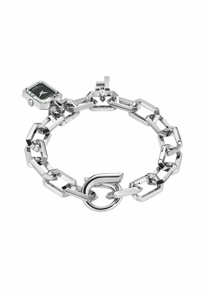 Sidabrinė grandinėlė su rektanguliniu juodu ciferblatu. Grandinės jungtys poliruotos, su išskirtiniu logotipu ir užsegimu.