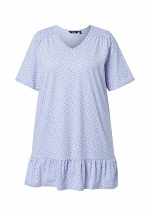 Hellviolettes kurzärmliges Kleid mit kleinen schwarzen Punkten, V-Ausschnitt, gerafften Schultern und gerüschtem Saum.