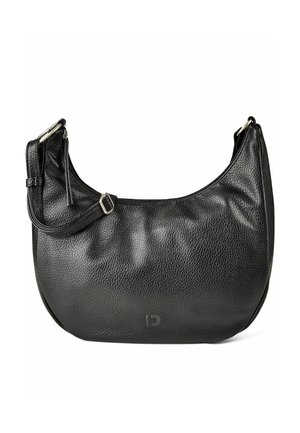 Sac d'épaule en cuir noir texturé avec bandoulière réglable et boucle argentée, fond arrondi et logo embossé discret près de la base.