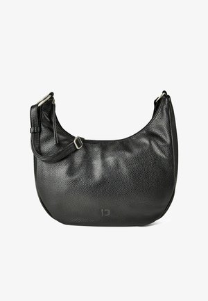 Sac d'épaule en cuir noir texturé avec bandoulière réglable et boucle argentée, fond arrondi et logo embossé discret près de la base.