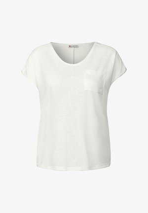 T-shirt blanc à manches courtes en tissu doux, avec un col rond et une petite poche avant. Texture lisse avec une coupe décontractée.