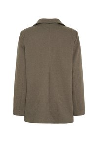 Brun blazer med hundetandsmønster, lange ærmer og reverskrave, vist bagfra på en hvid baggrund.