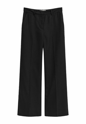 Black wide-leg trousers with belt loops, front pockets, and a concealed front fastening.