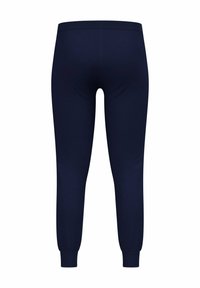 Marineblaue Leggings mit glatter Textur, schmaler Passform und elastischen Bündchen an den Knöcheln. Keine sichtbaren Nähte oder zusätzlichen Muster.