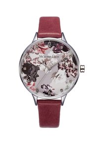 Montre ronde avec boîtier en argent, cadran à motif floral, accents en cristal transparent et bracelet en cuir bordeaux. Comprend des marqueurs d'heure et le nom de la marque.