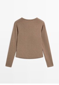 Brown long-sleeve top made of textured fabric with a round neckline and a slightly cropped hem. Simple and seamless design.