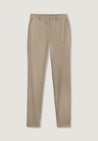 Pantalon beige slim-fit avec passants de ceinture, fermeture par bouton et zip, et poches avant inclinées sur un fond clair.