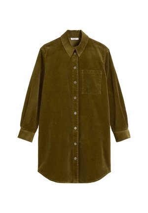 Olive green corduroy shirt dress with long sleeves, button closure, pointed collar, and a chest pocket. Smooth texture with vertical ribbing.