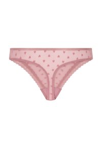Lichtroze string met kleine hartpatronen, kantafwerking aan de randen en een gladde stoftextuur, ontworpen voor comfort en pasvorm.