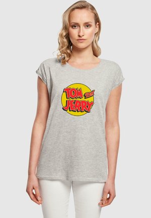 Graues Kurzarm-T-Shirt mit einem bunten "Tom und Jerry"-Grafikdesign in Gelb und Rot, mit lockerer Passform und weichem Baumwollmaterial.