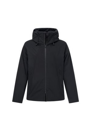 Černá kapucová bunda s předním zipem, dvěma bočnými kapsami na zip a nastavitelnými šňůrkami na kapuci, vystavená na bílém pozadí.