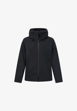 Mustas kapuutsiga jakk, millel on ees lukk, kaks lukuga küljetaskut ja reguleeritavad nöörid kapuutsi peal, esitatud valgel taustal.