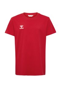 Rød bomulds T-shirt med korte ærmer, rund halsudskæring og hvid "hummel" logo trykt på venstre brystområde. Glat tekstur.