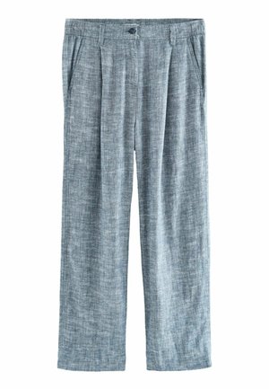 Hellblaue Leinenhosen mit lockerem Schnitt, ausgestattet mit Falten, schrägen Seitentaschen und einem Knopfverschluss. Weiche Textur mit einem dezenten Muster.