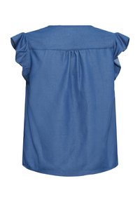 Blouse bleue à manches courtes avec manches volantées et détail froncé sous le yoke au dos, présentée sur fond blanc.
