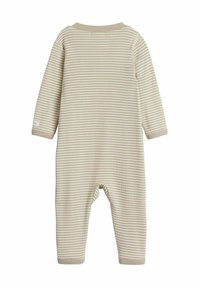 Beige-randig baby body med långa ärmar, ribbad textur och elastiska muddar. Har en rund halsringning och tryckknappar i botten.