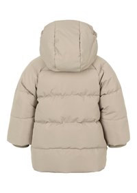 Beige pufferjakke med hette, har et kviltet design, vide ermer og elastiske mansjetter, laget av et glatt, vannavstøtende materiale.