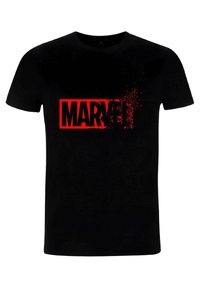 Black T-shirt made of cotton featuring a prominent red "MARVEL" logo with a splatter effect. Classic crew neck design.